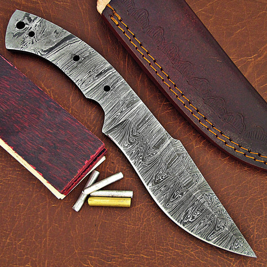 Damascus Knife Making Kit – Handmade Blank Blade with Leather Sheath & Handle Scales | Hand Forged 260 Layer NB102
