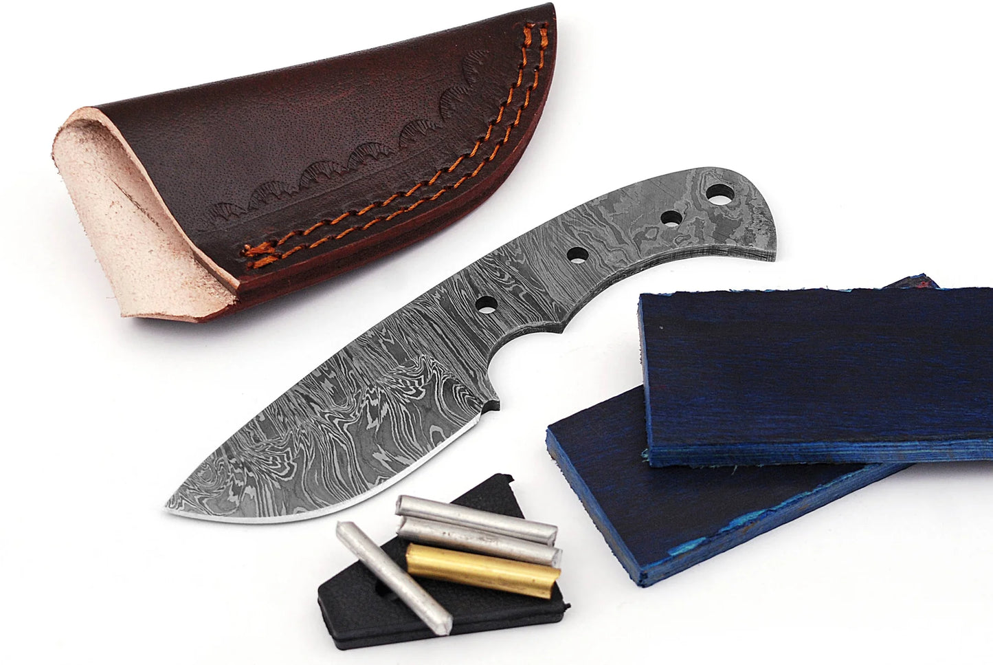 Damascus Skinner Knife Making Kit – Handmade Blank Blade with Leather Sheath & Handle Scales | Hand Forged 260 Layer NB105