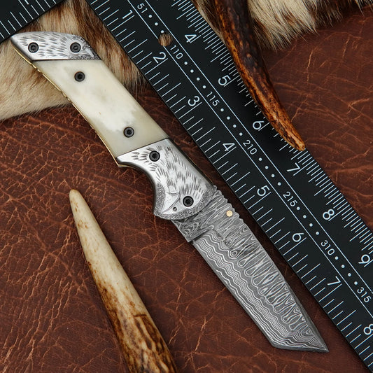 Damascus Tanto Folding Pocket Knife – Natural Camel Bone Handle with Engraved Eagle Steel Bolster | Hand Forged 156 Layer CHFOL02