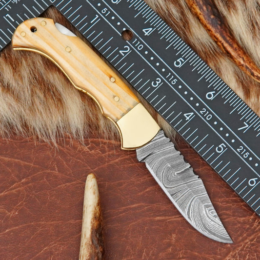 Damascus Steel Pocket Folding Knife with Yellow Pine Wood Handle Brass Bolster Leather Sheath EDC Knife ILFOL08