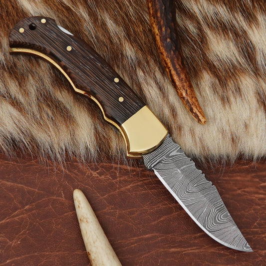 Damascus Steel 4-Piece Pocket Folding Knife Lot with Wenge Wood Handle Brass Bolster Leather Sheath EDC Knife LOT4ILFOL05