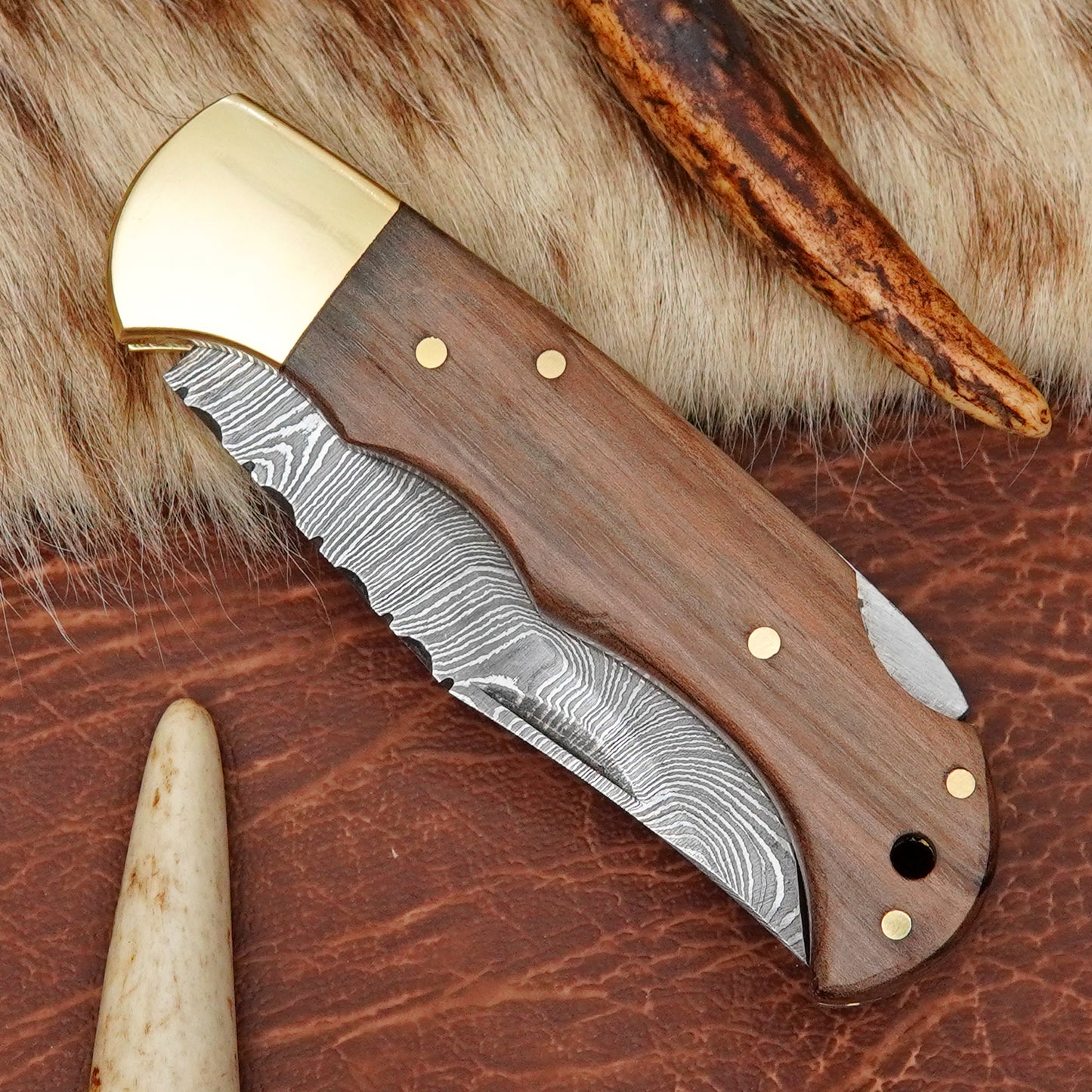 Damascus Steel Pocket Folding Knife with Walnut Wood Handle Brass Bolster Leather Sheath EDC Knife ILFOL06