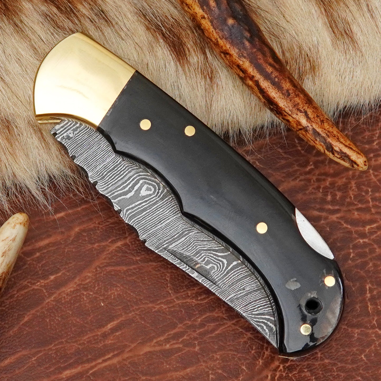 Damascus Steel Pocket Folding Knife with Buffalo Horn Handle Brass Bolster Leather Sheath EDC Knife ILFOL02