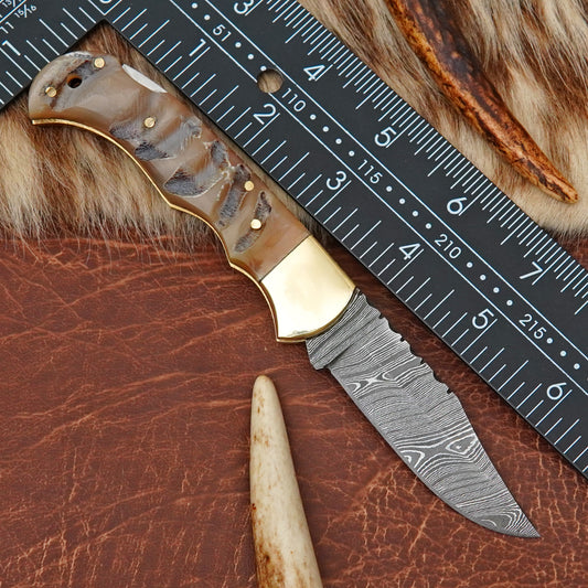 Damascus Steel 4-Piece Pocket Folding Knife Lot with Ram Horn Handle Brass Bolster Leather Sheath EDC Knife LOT4ILFOL03