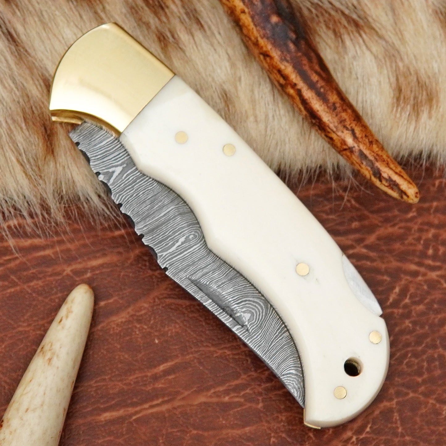 Damascus Steel Pocket Folding Knife with Camel Bone Handle Brass Bolster Leather Sheath EDC Camping Knife ILFOL01
