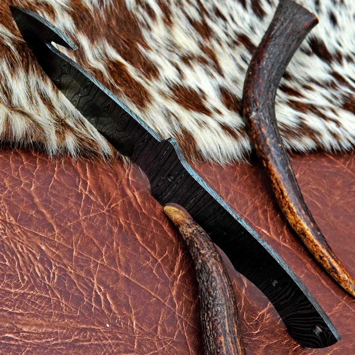 Damascus Steel Gut Hook Knife Blank 11.25” – Hand Forged Full Tang Blade NABB07