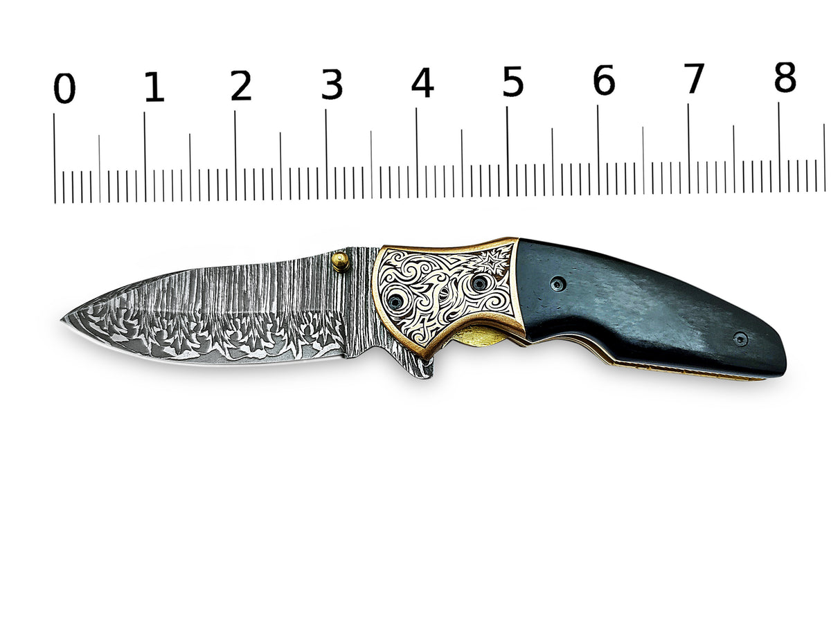 Folding Pocket Knife, Handmade Damascus Steel with Blue Turquoise Camel Bone Handle & Engraved Copper Bolster CLKFOL1101