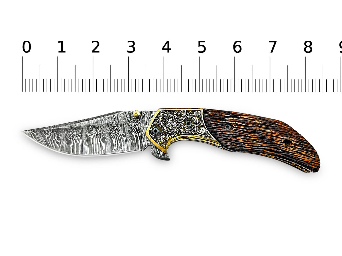 Folding Pocket Knife Damascus Steel Blade Brass Bolster Walnut Wood Handle CLKFOL1127