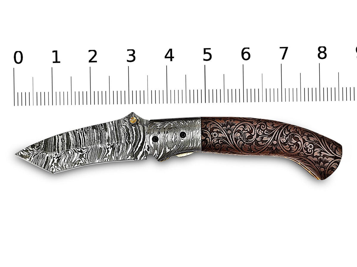 Folding Pocket Tanto Knife, Handmade Damascus Steel with Hand-Engraved Walnut Wood Handle & Damascus Bolster CLKFOL1118