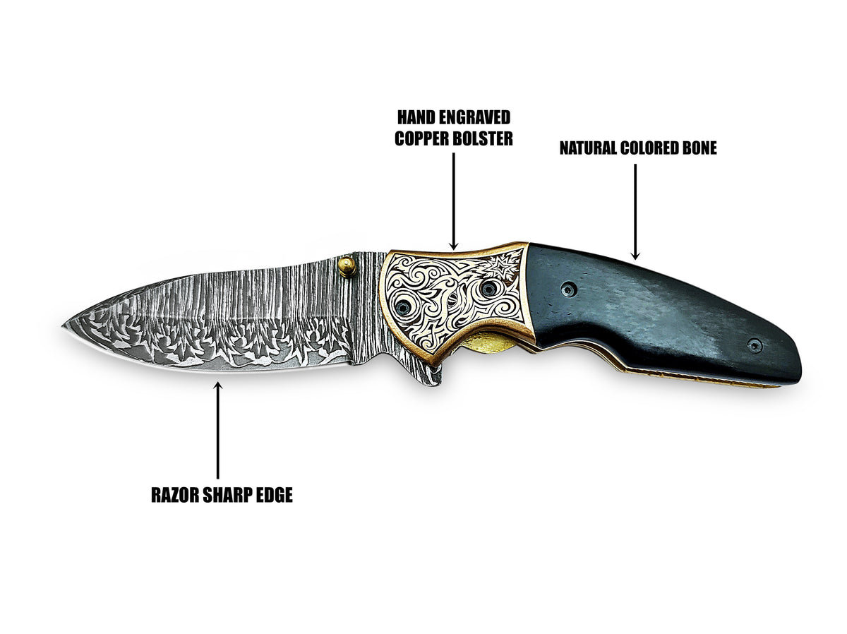 Folding Pocket Knife, Handmade Damascus Steel with Blue Turquoise Camel Bone Handle & Engraved Copper Bolster CLKFOL1101