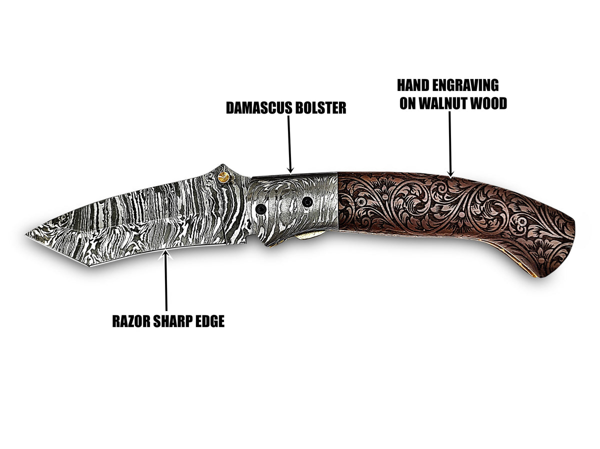 Folding Pocket Tanto Knife, Handmade Damascus Steel with Hand-Engraved Walnut Wood Handle & Damascus Bolster CLKFOL1118