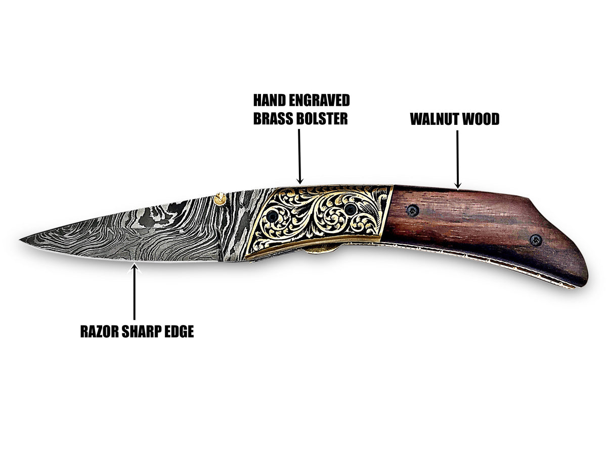 Folding Pocket Knife, Handmade Damascus Steel with Walnut Wood Handle & Hand-Engraved Brass Bolster CLKFOL1112