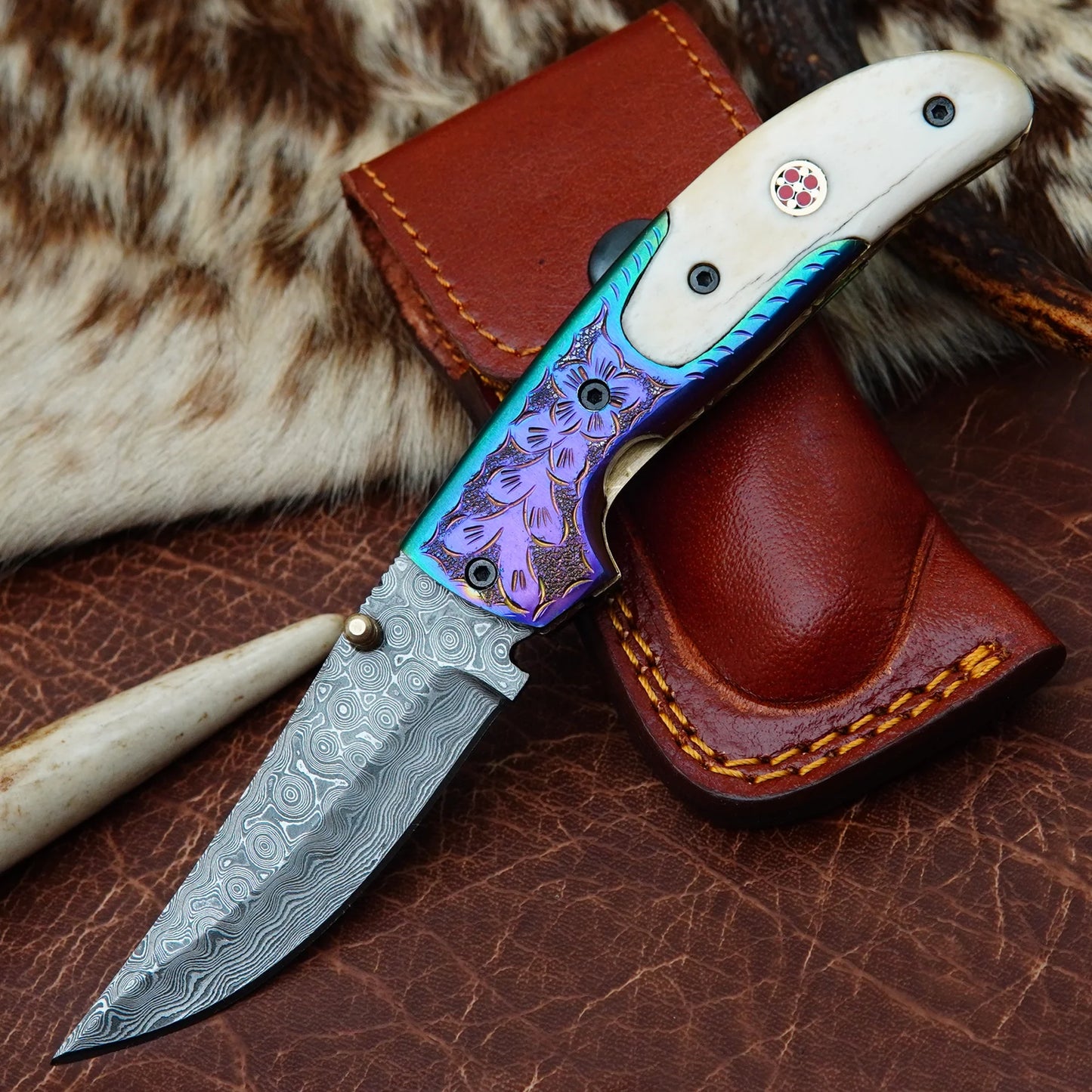 Damascus Drop Point Folding Pocket Knife – Natural Camel Bone Handle with Engraved Oxidized Bolster & Mosaic Pin | Hand Forged 156 Layer CHFOL04