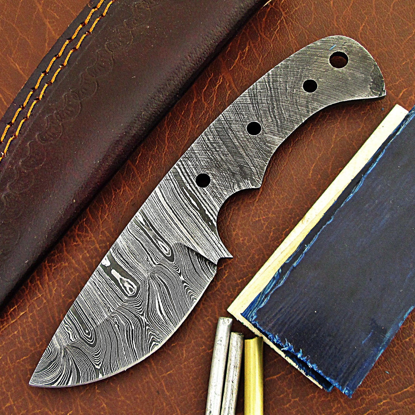 Damascus Skinner Knife Making Kit – Handmade Blank Blade with Leather Sheath & Handle Scales | Hand Forged 260 Layer NB105