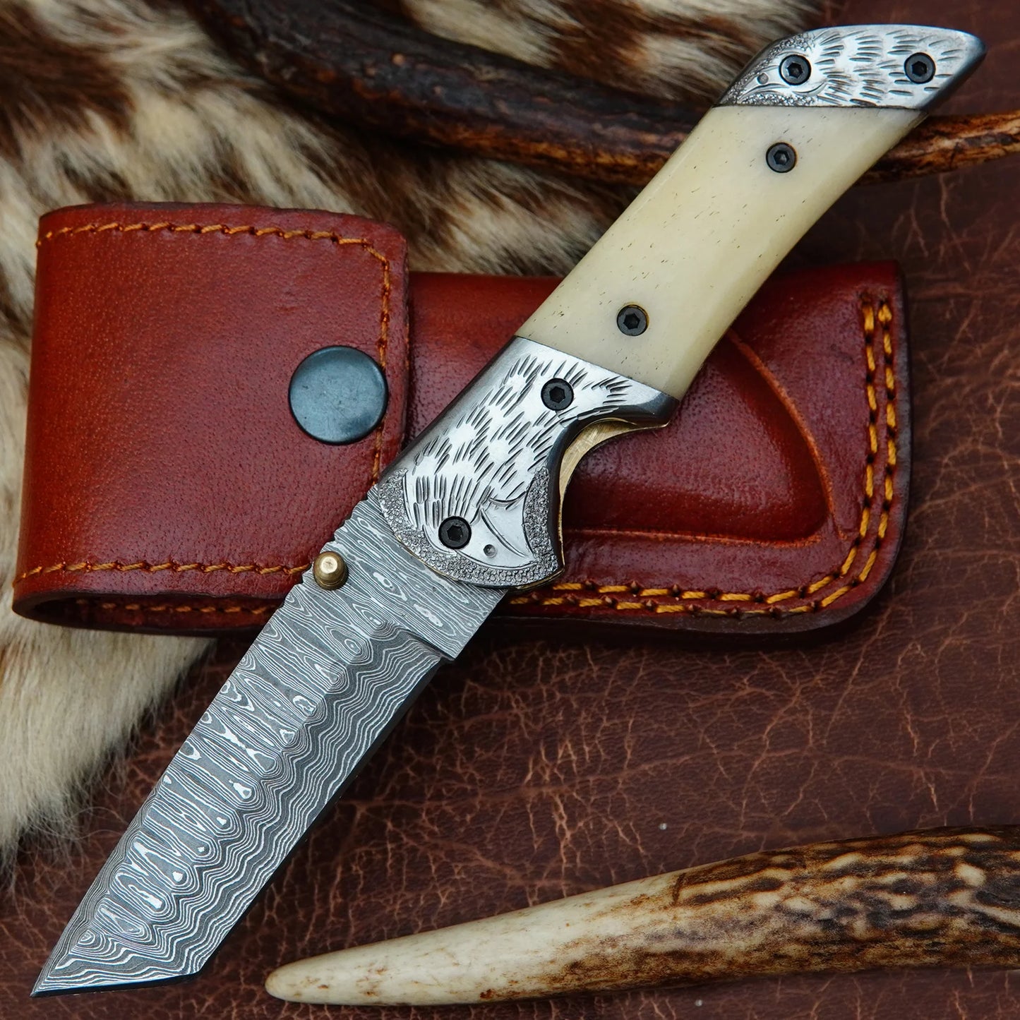 Damascus Tanto Folding Pocket Knife – Natural Camel Bone Handle with Engraved Eagle Steel Bolster | Hand Forged 156 Layer CHFOL02