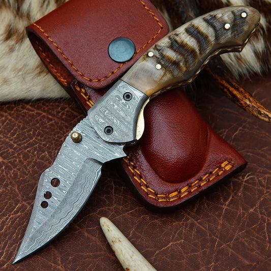 Damascus Drop Point Folding Pocket Knife – Ram Horn Handle with Damascus Bolster | Hand Forged 156 Layer CHFOL05