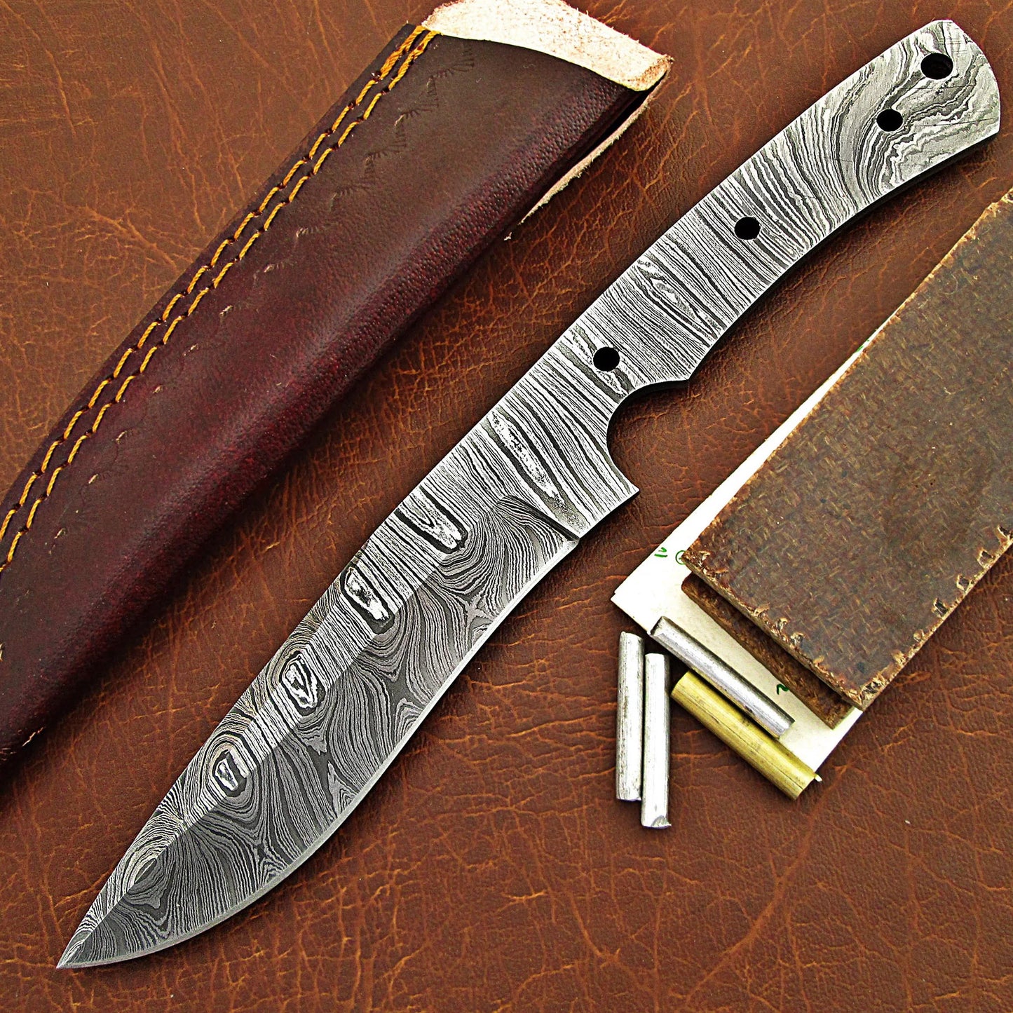 Damascus Knife Making Kit – Handmade Blank Blade with Leather Sheath & Handle Scales | Hand Forged 260 Layer NB101