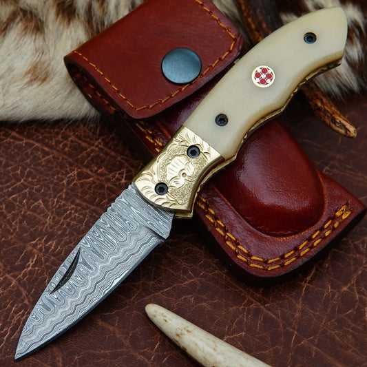 Damascus Drop Point Folding Pocket Knife – Natural Camel Bone Handle with Engraved Brass Bolster & Mosaic Pin | Hand Forged 156 Layer CHFOL03