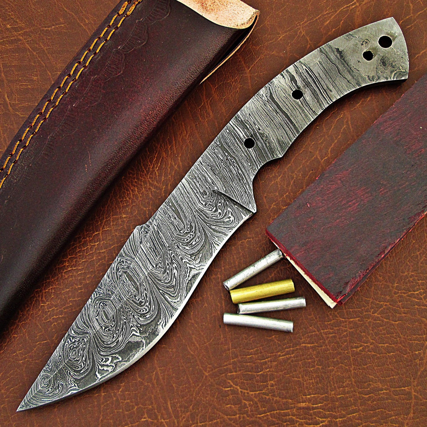 Damascus Knife Making Kit – Handmade Blank Blade with Leather Sheath & Handle Scales | Hand Forged 260 Layer NB102