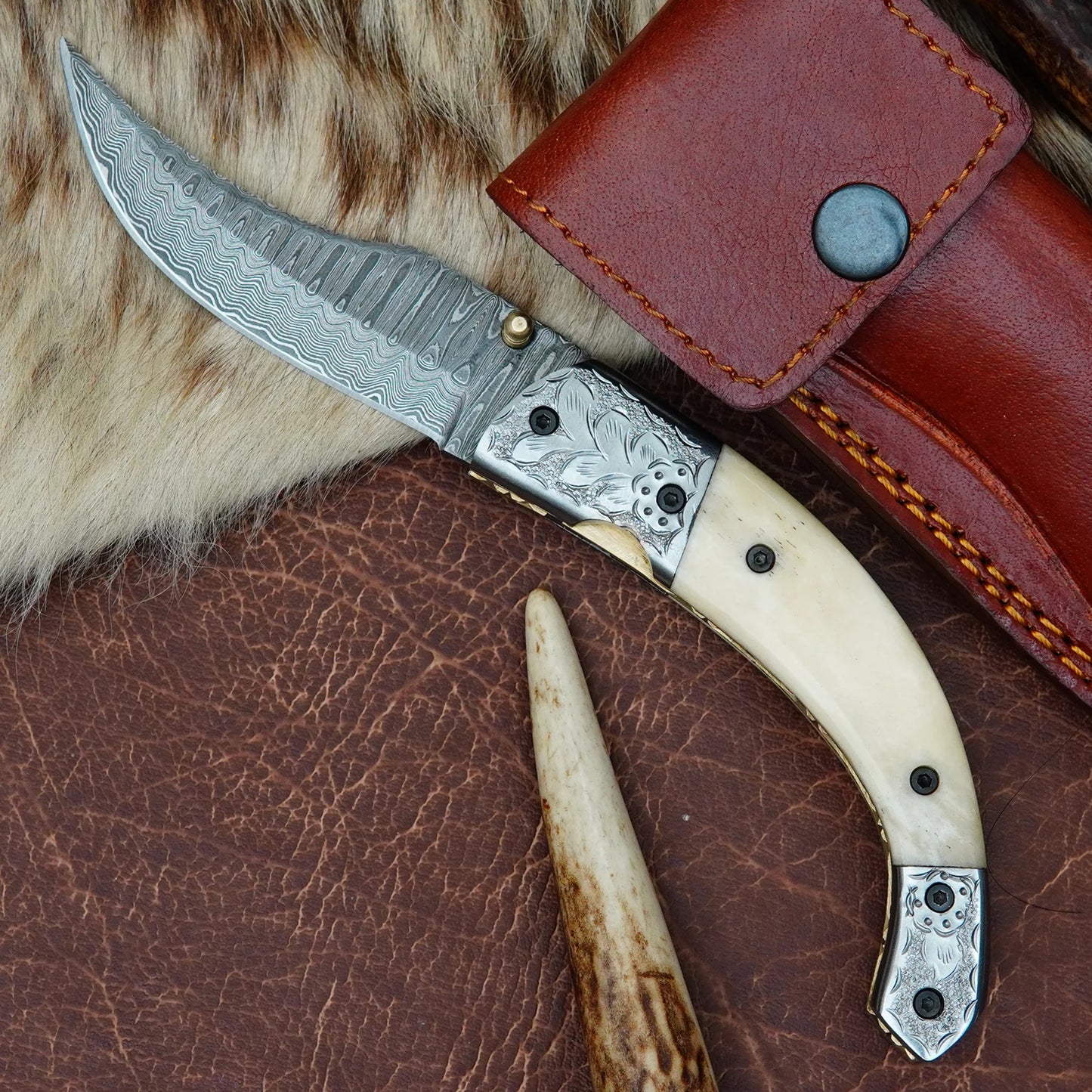 Damascus Folding Pocket Knife – Natural Camel Bone Handle with Engraved Steel Bolster | Hand Forged 156 Layer CHFOL01