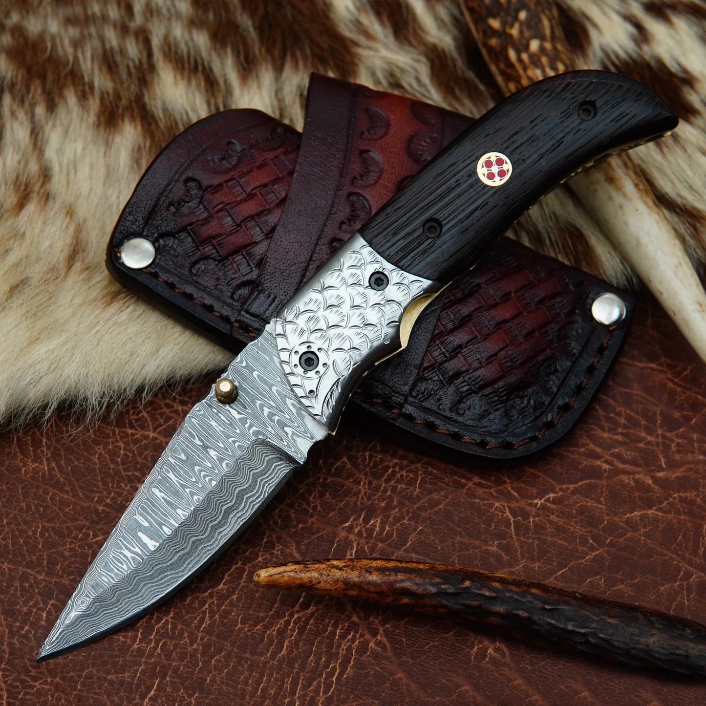 Damascus Folding Pocket Knife – Natural Wenge Wood Handle with Engraved Fish Scale Steel Bolster & Mosaic Pin | Hand Forged 156 Layer CHFOL07