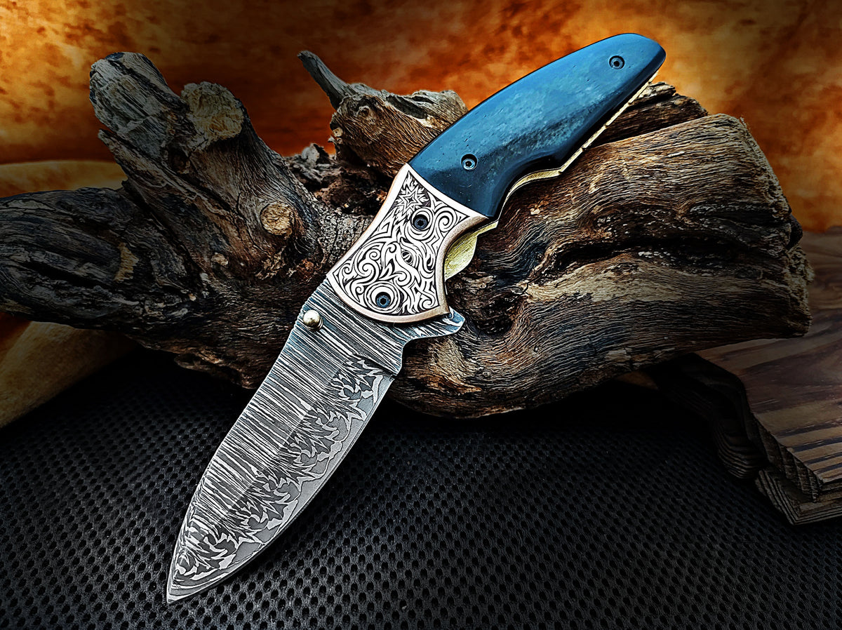 Folding Pocket Knife, Handmade Damascus Steel with Blue Turquoise Camel Bone Handle & Engraved Copper Bolster CLKFOL1101