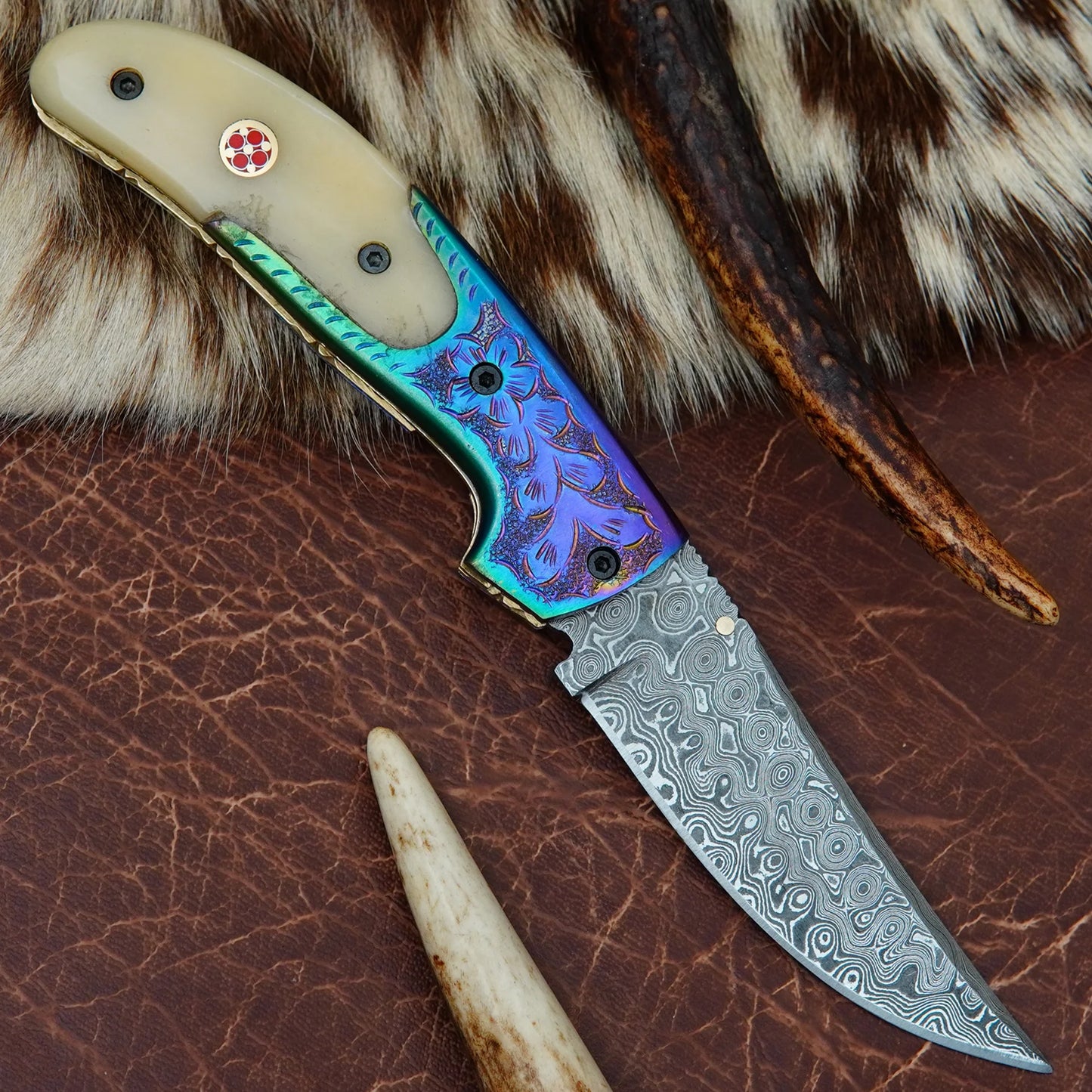 Damascus Drop Point Folding Pocket Knife – Natural Camel Bone Handle with Engraved Oxidized Bolster & Mosaic Pin | Hand Forged 156 Layer CHFOL04