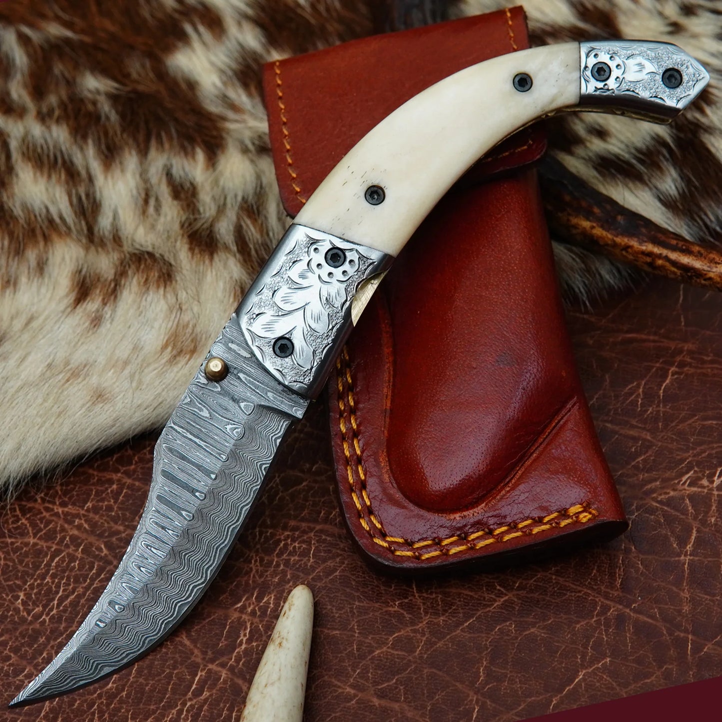 Damascus Folding Pocket Knife – Natural Camel Bone Handle with Engraved Steel Bolster | Hand Forged 156 Layer CHFOL01