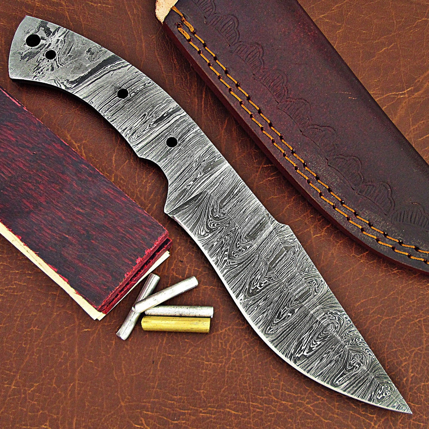 Damascus Knife Making Kit – Handmade Blank Blade with Leather Sheath & Handle Scales | Hand Forged 260 Layer NB102
