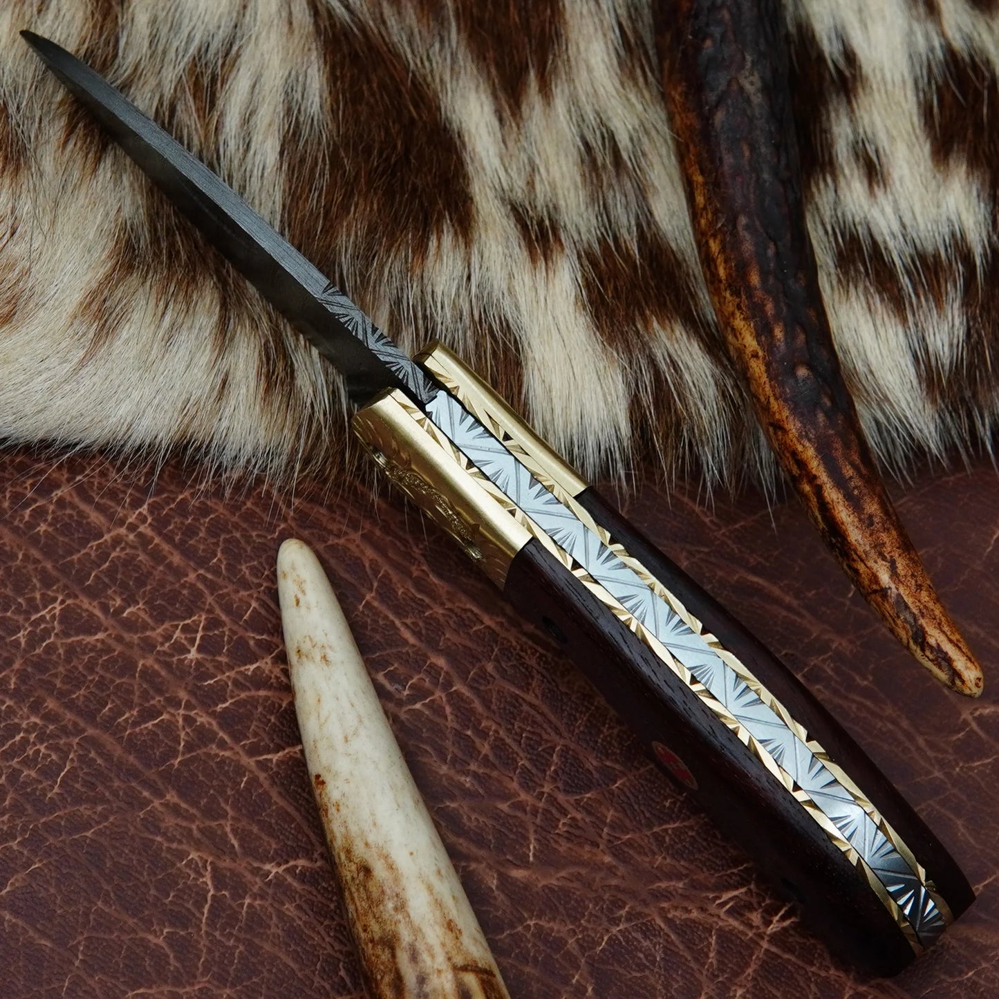 Damascus Drop Point Folding Pocket Knife – Natural Walnut Wood Handle with Engraved Brass Bolster & Mosaic Pin | Hand Forged 156 Layer CHFOL06