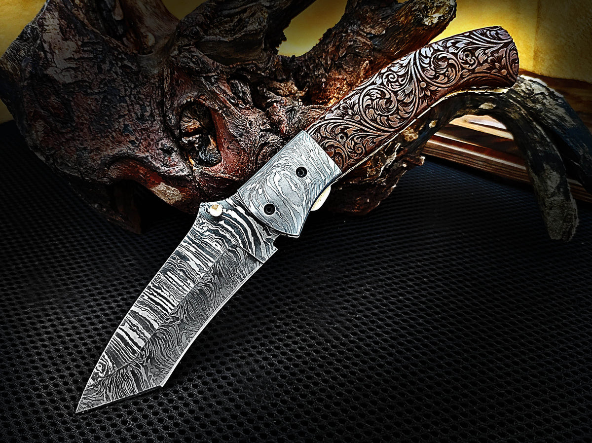 Folding Pocket Tanto Knife, Handmade Damascus Steel with Hand-Engraved Walnut Wood Handle & Damascus Bolster CLKFOL1118