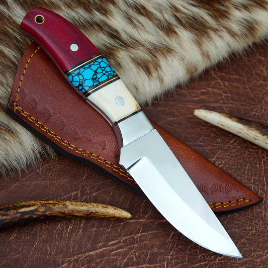 J2 Steel Hunting Knife – Natural Camel Bone & Red Micarta Handle with Turquoise Stone, Brass Spacers & Stainless Steel Bolster | Hand Forged Full Tang ANK06