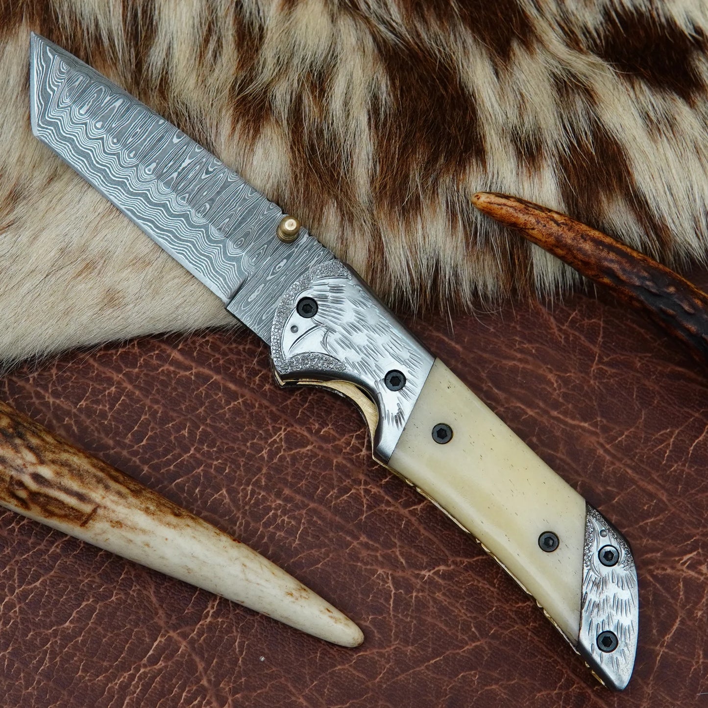 Damascus Tanto Folding Pocket Knife – Natural Camel Bone Handle with Engraved Eagle Steel Bolster | Hand Forged 156 Layer CHFOL02