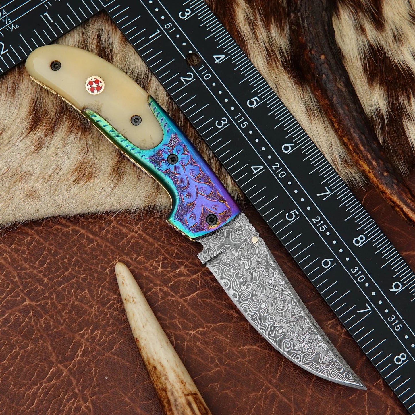 Damascus Drop Point Folding Pocket Knife – Natural Camel Bone Handle with Engraved Oxidized Bolster & Mosaic Pin | Hand Forged 156 Layer CHFOL04