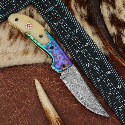 Damascus Drop Point Folding Pocket Knife – Natural Camel Bone Handle with Engraved Oxidized Bolster & Mosaic Pin | Hand Forged 156 Layer CHFOL04