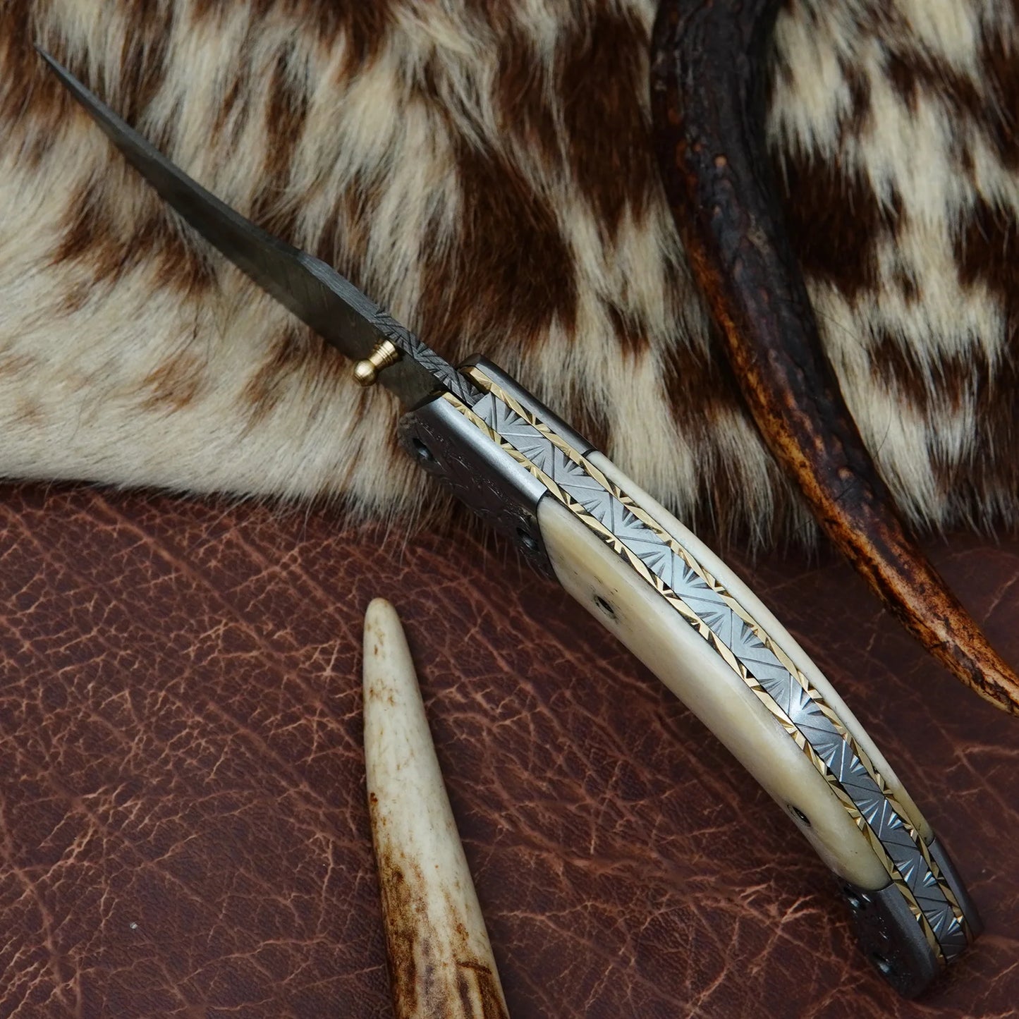 Damascus Folding Pocket Knife – Natural Camel Bone Handle with Engraved Steel Bolster | Hand Forged 156 Layer CHFOL01
