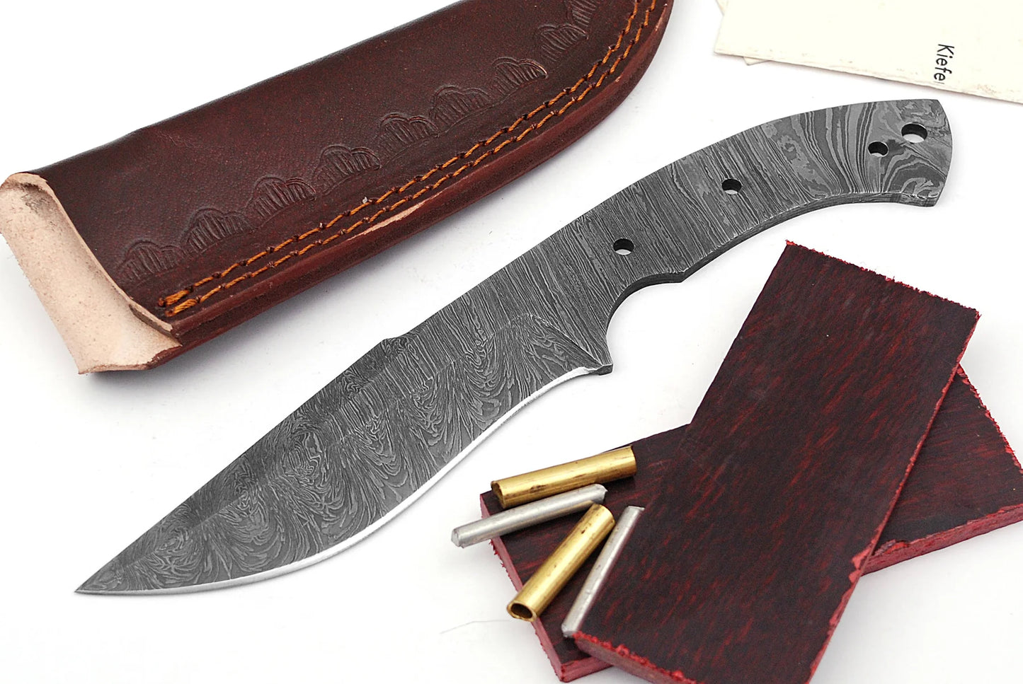 Damascus Knife Making Kit – Handmade Blank Blade with Leather Sheath & Handle Scales | Hand Forged 260 Layer NB102