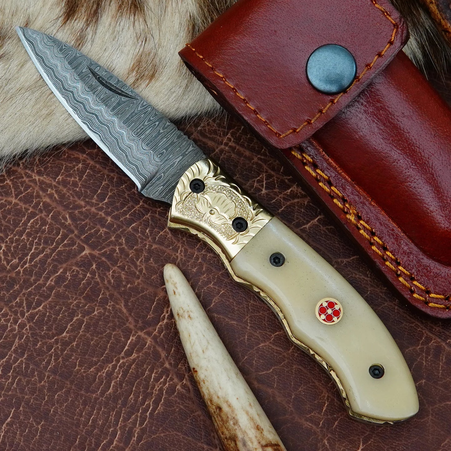 Damascus Drop Point Folding Pocket Knife – Natural Camel Bone Handle with Engraved Brass Bolster & Mosaic Pin | Hand Forged 156 Layer CHFOL03