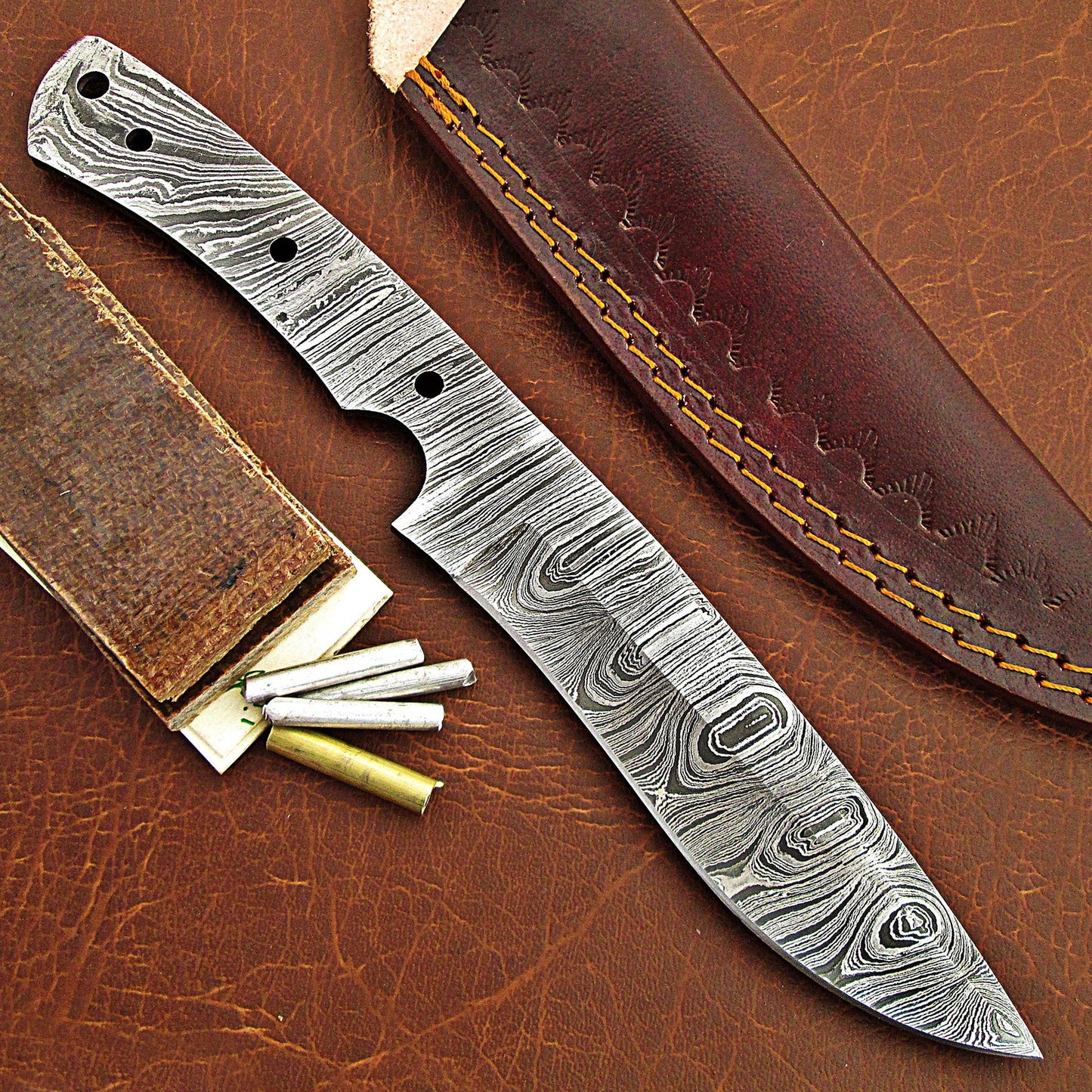Damascus Knife Making Kit – Handmade Blank Blade with Leather Sheath & Handle Scales | Hand Forged 260 Layer NB101