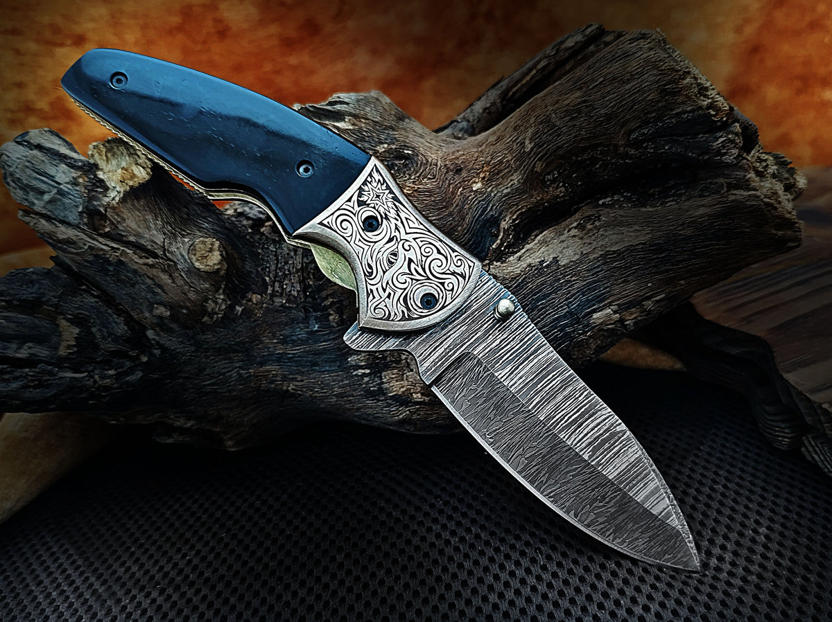 Folding Pocket Knife, Handmade Damascus Steel with Blue Turquoise Camel Bone Handle & Engraved Copper Bolster CLKFOL1101