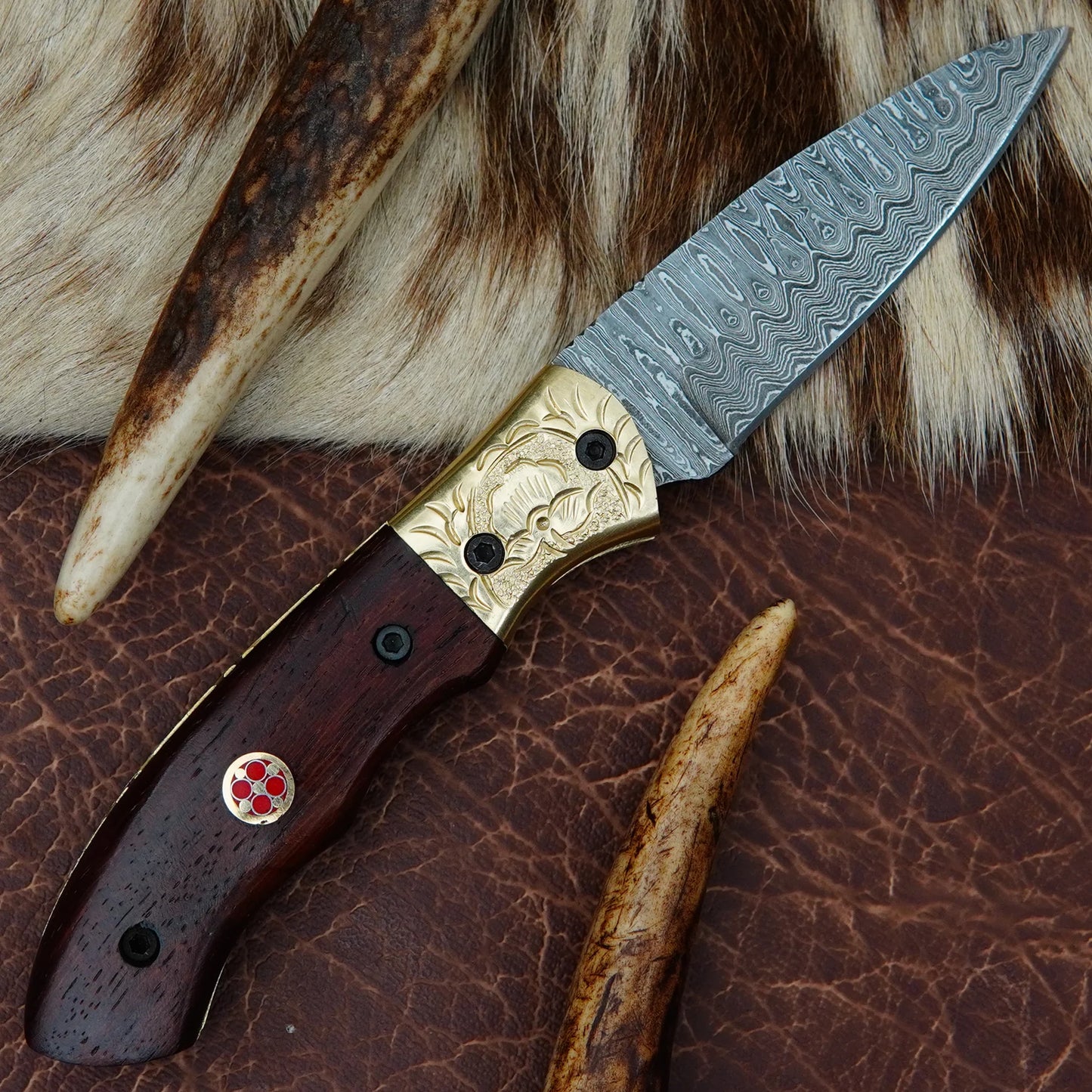Damascus Drop Point Folding Pocket Knife – Natural Walnut Wood Handle with Engraved Brass Bolster & Mosaic Pin | Hand Forged 156 Layer CHFOL06