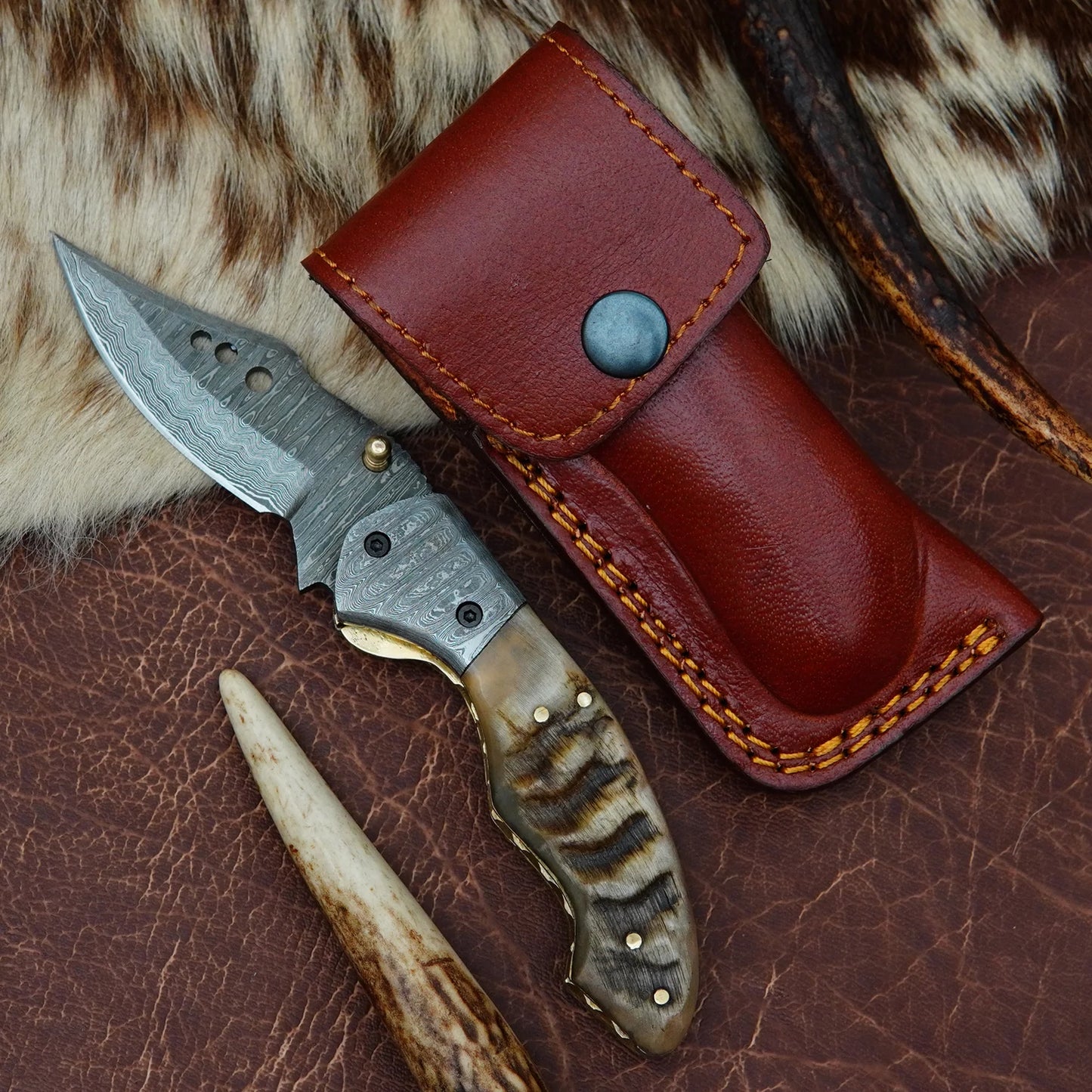 Damascus Drop Point Folding Pocket Knife – Ram Horn Handle with Damascus Bolster | Hand Forged 156 Layer CHFOL05