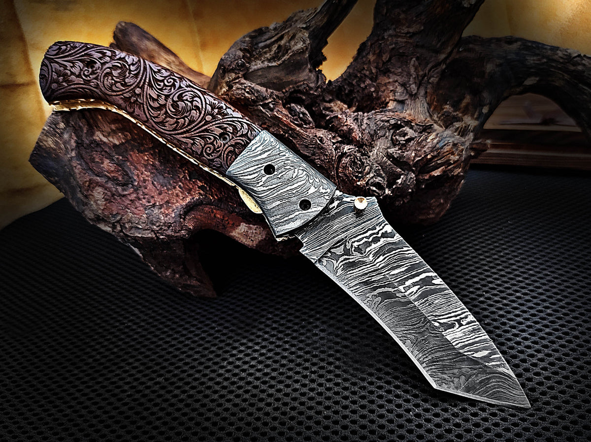 Folding Pocket Tanto Knife, Handmade Damascus Steel with Hand-Engraved Walnut Wood Handle & Damascus Bolster CLKFOL1118