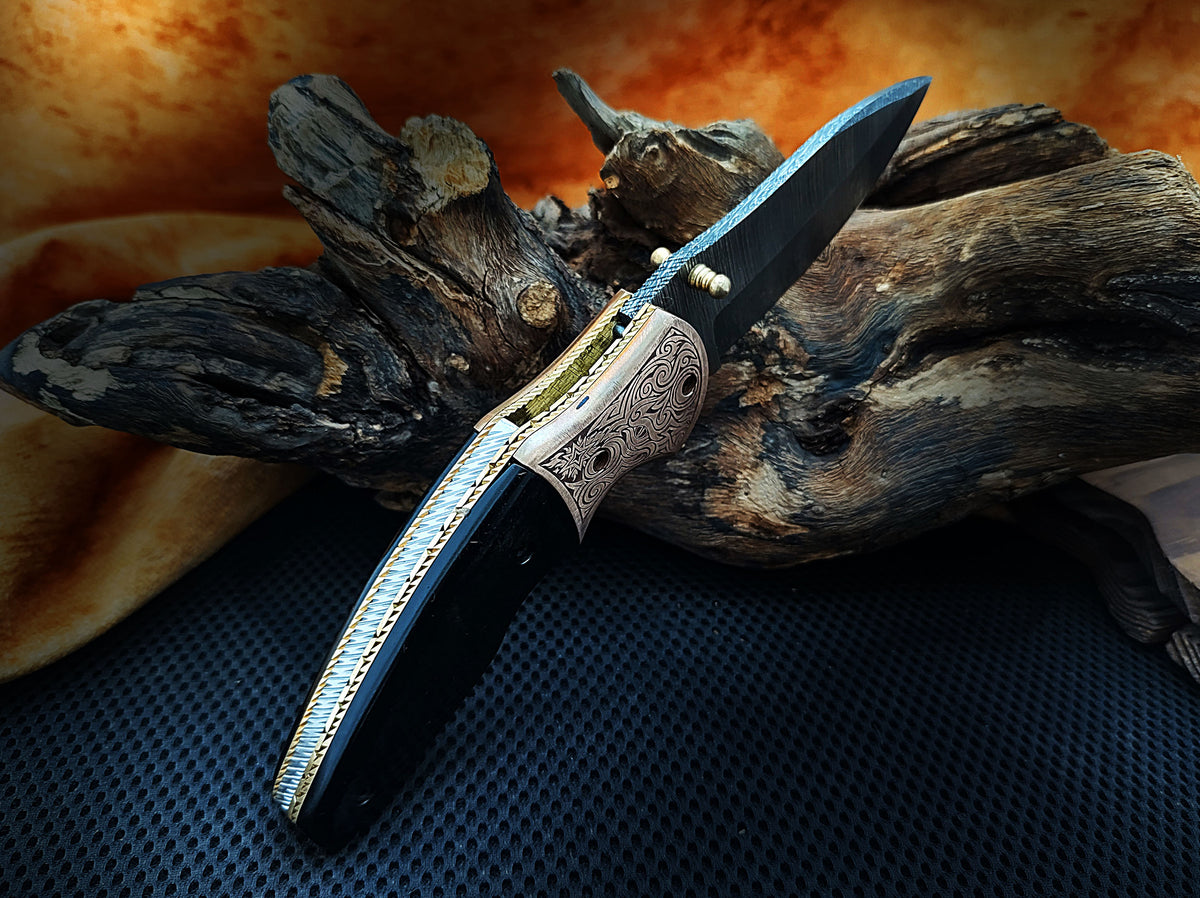 Folding Pocket Knife, Handmade Damascus Steel with Blue Turquoise Camel Bone Handle & Engraved Copper Bolster CLKFOL1101