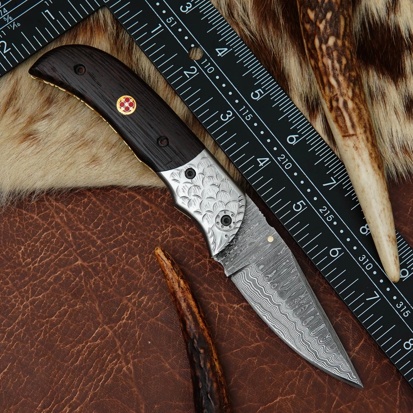 Damascus Folding Pocket Knife – Natural Wenge Wood Handle with Engraved Fish Scale Steel Bolster & Mosaic Pin | Hand Forged 156 Layer CHFOL07