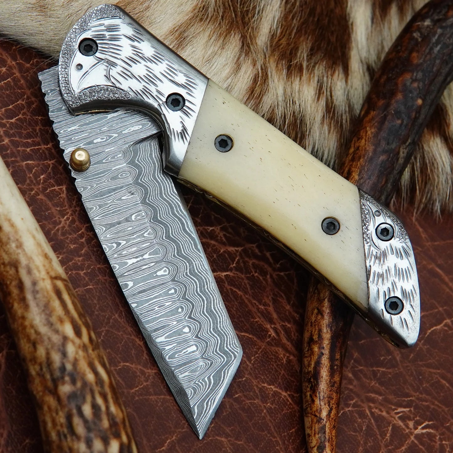 Damascus Tanto Folding Pocket Knife – Natural Camel Bone Handle with Engraved Eagle Steel Bolster | Hand Forged 156 Layer CHFOL02