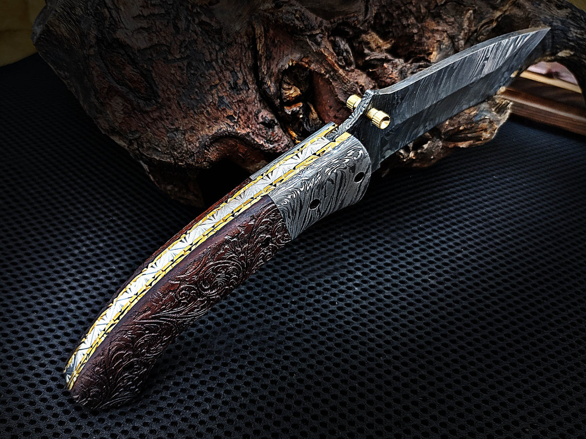 Folding Pocket Tanto Knife, Handmade Damascus Steel with Hand-Engraved Walnut Wood Handle & Damascus Bolster CLKFOL1118