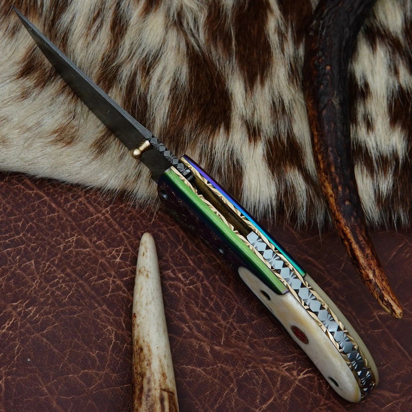 Damascus Drop Point Folding Pocket Knife – Natural Camel Bone Handle with Engraved Oxidized Bolster & Mosaic Pin | Hand Forged 156 Layer CHFOL04