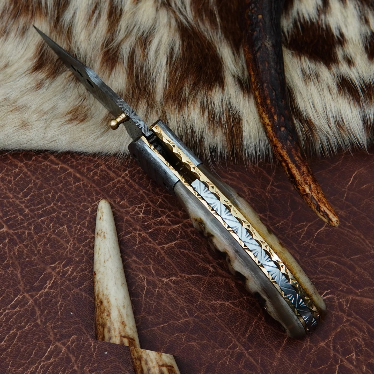 Damascus Drop Point Folding Pocket Knife – Ram Horn Handle with Damascus Bolster | Hand Forged 156 Layer CHFOL05