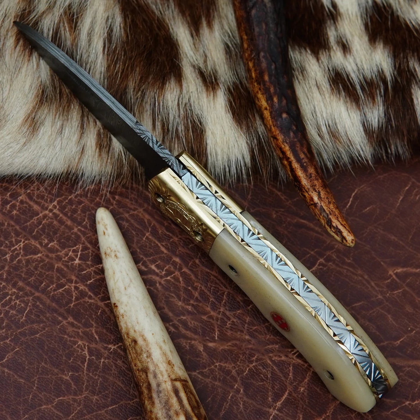 Damascus Drop Point Folding Pocket Knife – Natural Camel Bone Handle with Engraved Brass Bolster & Mosaic Pin | Hand Forged 156 Layer CHFOL03